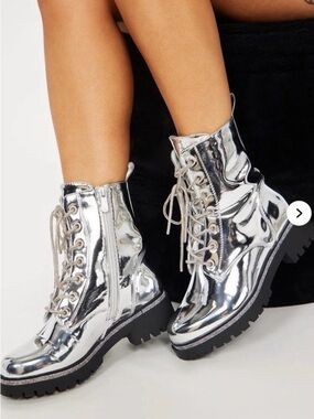 Metallic Punk Futuristic Lace Up Combat Boots Silver US 7